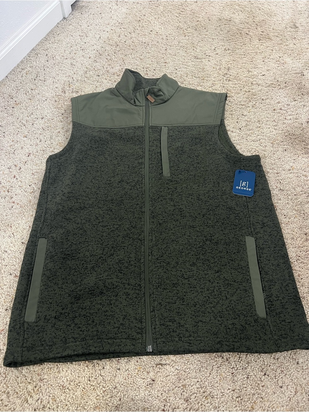 George Mens Olive Green Fleece Vest - Lightweight Zip Front